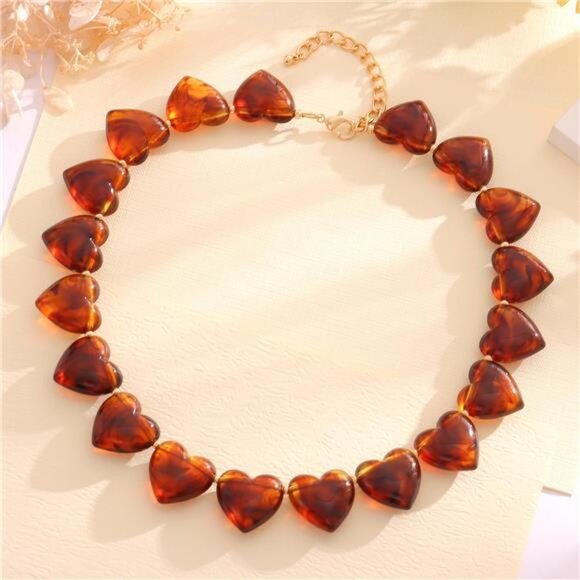 🧡 Chic Amber Heart Beaded Necklace – Tortoise Pattern Hearts - Picture 6 of 6